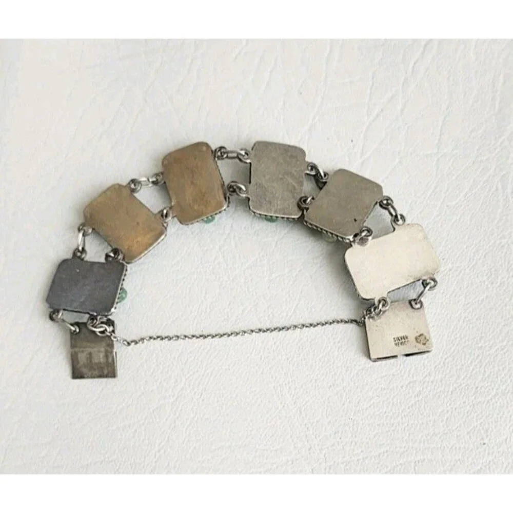 Vintage Mexico Sterling Silver Carved Green Jade Mayan Mask Link Bracelet 7" 44g - Picture 7 of 8